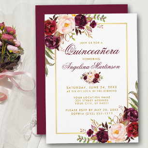Burgundy Watercolor Floral Quinceanera Gold Einladung