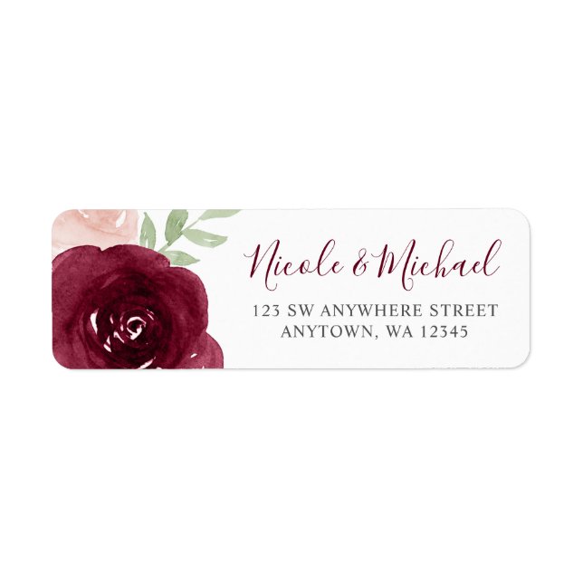 Burgundy Watercolor Floral Rücksendeadresse (Vorne)
