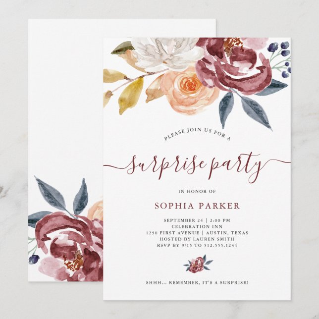 Burgundy Watercolor Floral | Überraschendes Party Einladung (Vorne/Hinten)