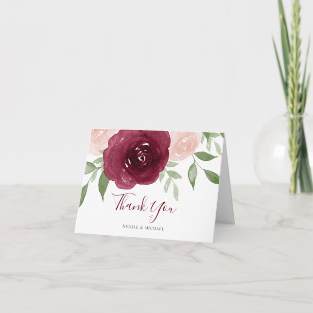 Burgundy Watercolor Floral Vielen Dank Dankeskarte (Vorderseite)