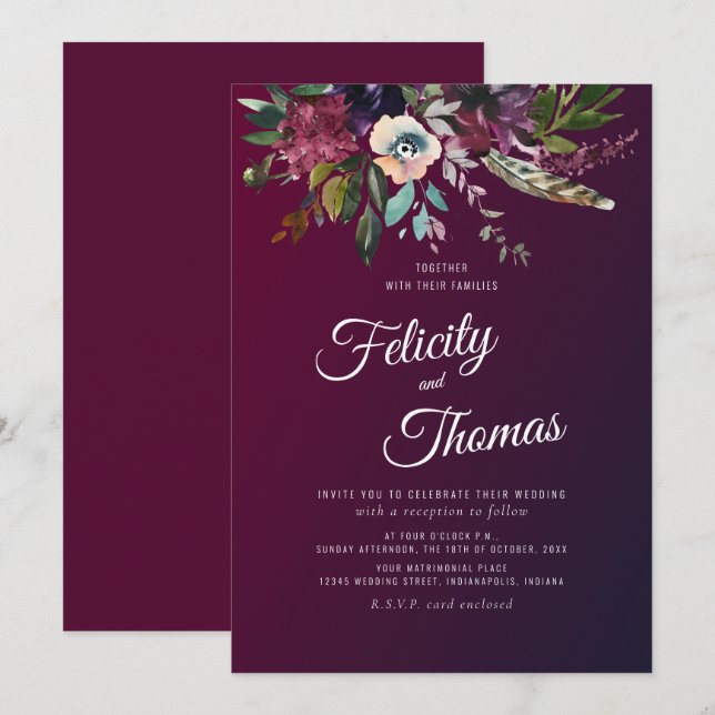 Burgundy Watercolor Floral Wedding Einladung (Vorne/Hinten)