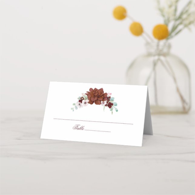 Burgundy Watercolor Floral Wedding Platzkarte (Vorderseite)