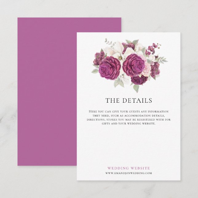 Burgundy Watercolor Florals Wedding Details Begleitkarte (Vorne/Hinten)