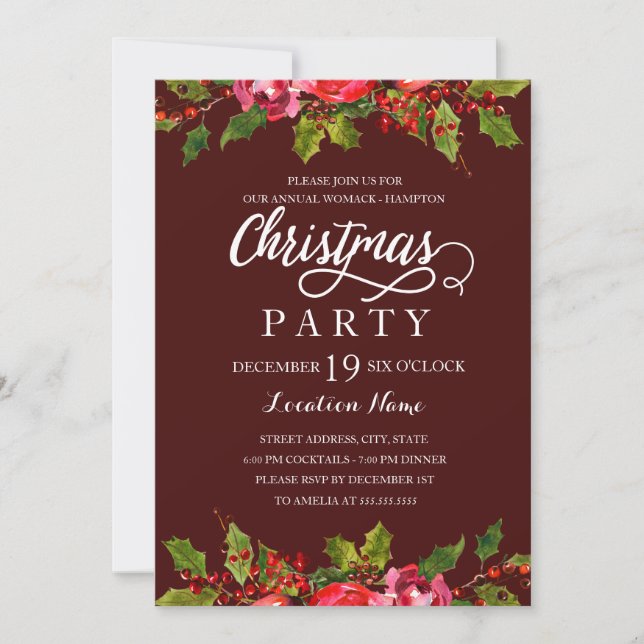 Burgundy Watercolor Holly Leaf Weihnachts-Party Einladung (Vorderseite)