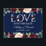 Burgundy Watercolor Liebe Blau Save the Date Ankündigungspostkarte<br><div class="desc">Burgundy Floral Liebe Save the Date Blaue Postkarte</div>
