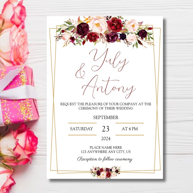 Burgundy watercolor modern flowers  invitation  einladung (Tarjeta para boda flores rojo borgoña
)