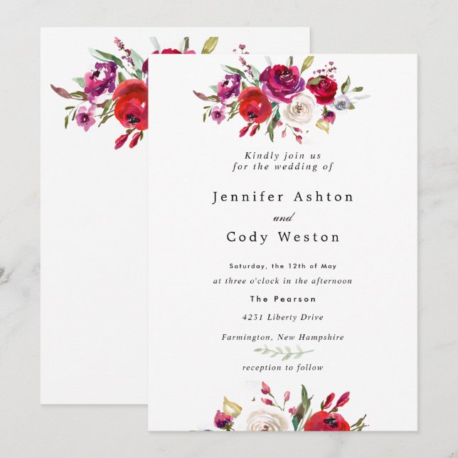 Burgundy Watercolor Rose Hochzeit Einladung (Vorne/Hinten)