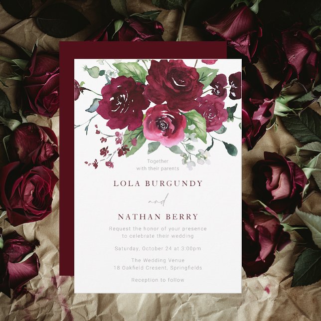 Burgundy Watercolor Rose Hochzeit Einladung (Von Creator hochgeladen)