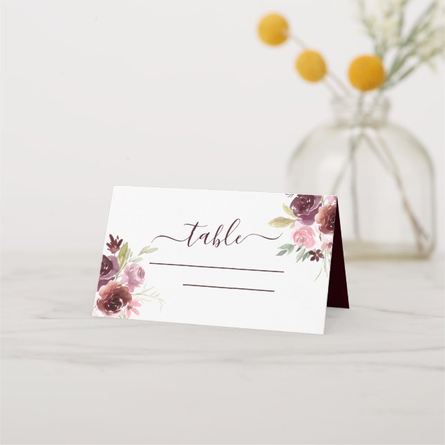 Burgundy Watercolor Wedding Floral Platzkarte (Vorderseite)