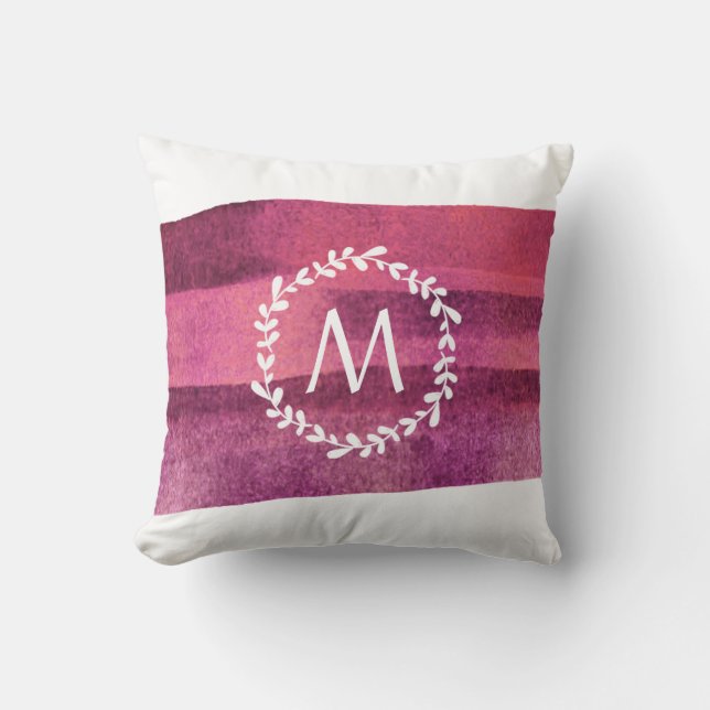 Burgundy Watercolor & Wreath Monogram Kissen (Vorderseite)