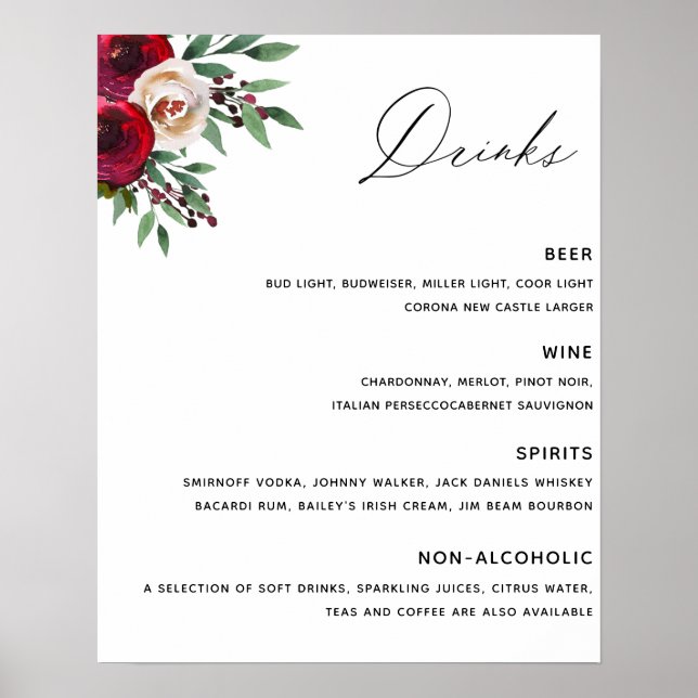 Burgundy Wedding Bar Menu Poster (Vorne)