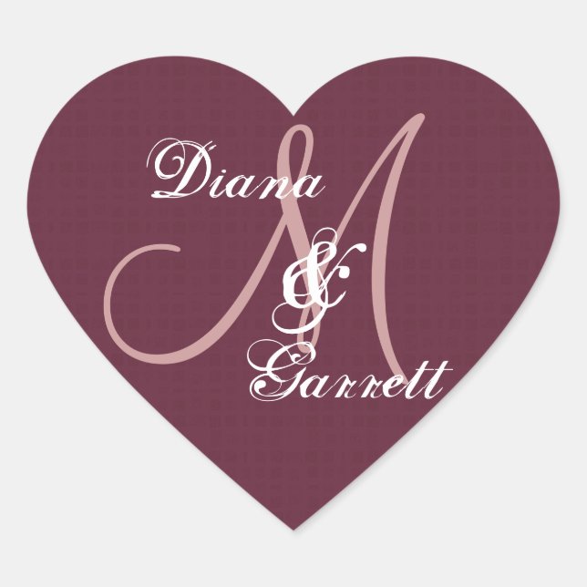 Burgundy Wedding Damask Monogramm eines ersten V16 Herz-Aufkleber (Vorderseite)
