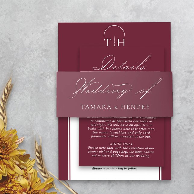 Burgundy Wedding Elegante Kalligraphie Einladungsbanderole (Elegant burgundy wedding invitation belly bands from my Wedding Colors collection)