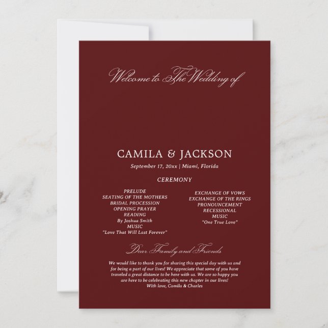  Burgundy Wedding Flat Program Einladung (Vorderseite)
