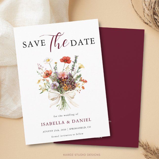 Burgundy Wedding Floral Save The Date (Card is shown in 4.5 x 6.25 inches with square corners. Choose size, corner and paper style.)
