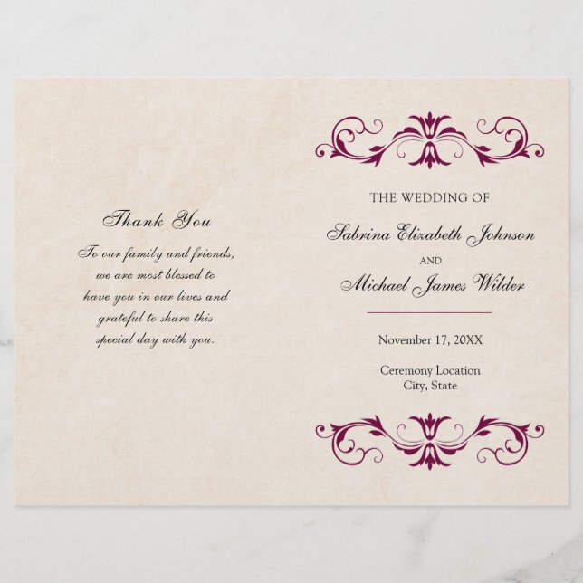 Burgundy Wedding Folding Programm | Tan Hintergrun (Vorderseite)