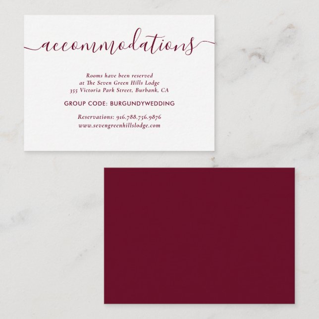 Burgundy Wedding Hotel Unterkunftskarten Begleitkarte (Vorne/Hinten)