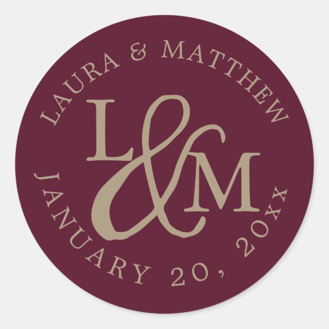 Burgundy Wedding Monogram Runder Aufkleber (Vorderseite)