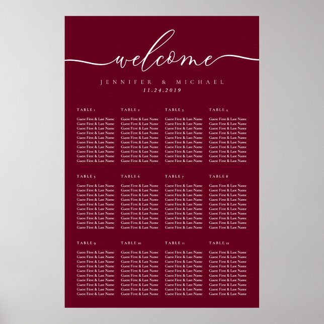 Burgundy Wedding Party Celebration Seat Welcome Poster (Vorne)