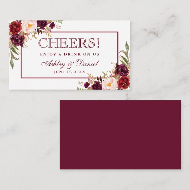 Burgundy Wedding Reception Drink Ticket Card Begleitkarte (Vorne/Hinten)