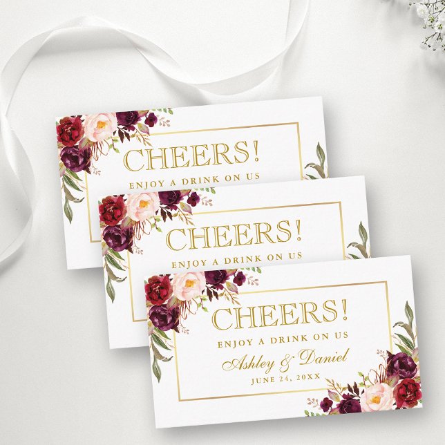 Burgundy Wedding Reception Drink Ticket Card Gold Begleitkarte (Customize to change text color, style, size or to add more text to back of card.)
