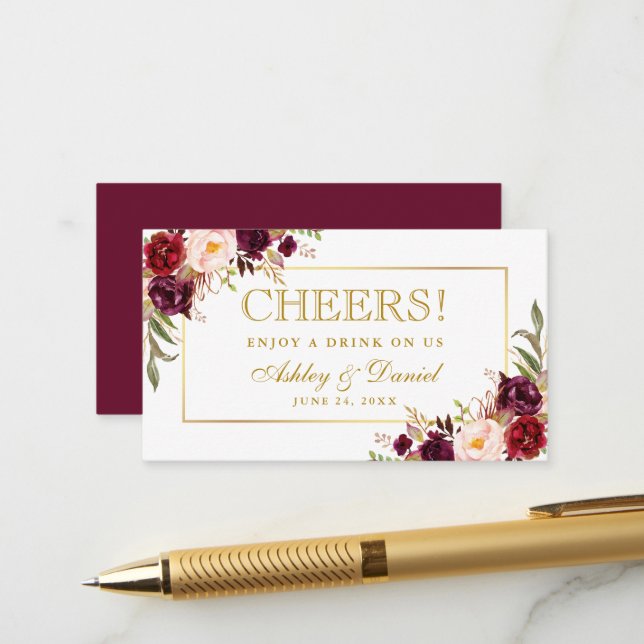 Burgundy Wedding Reception Gold Drink Ticket Card Begleitkarte (Vorderseite/Rückseite Beispiel)
