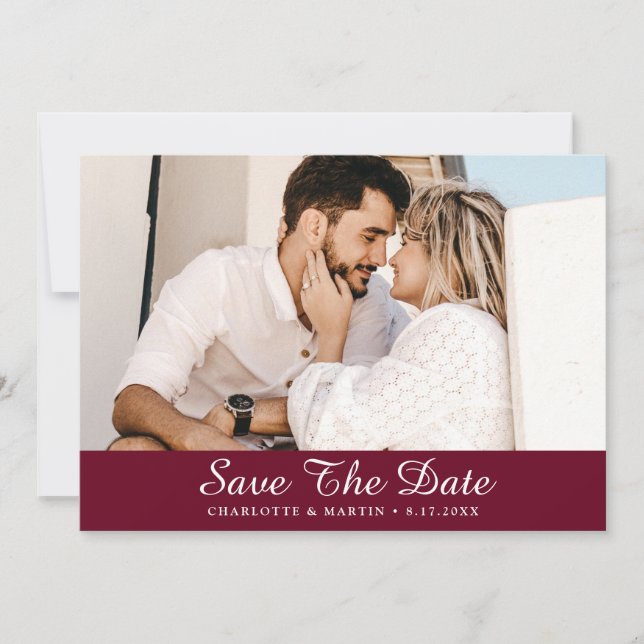 Burgundy Wedding Script Foto Speichern Sie die Dat Save The Date (Vorderseite)