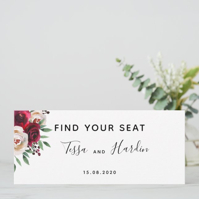Burgundy Wedding Seating Chart Card Karte (Stehend Vorderseite)