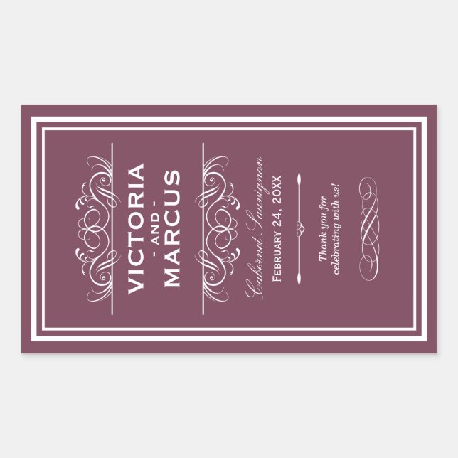 Burgundy Wedding Wine Bottle Monogram Fevor Labels Rechteckiger Aufkleber (Vorderseite)