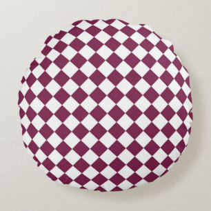 Burgundy-Weiß-Schachbrett-Diamantmuster Rundes Kissen