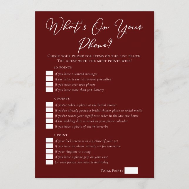 Burgundy What's On Your Phone Bridal Shower Karte (Vorderseite)