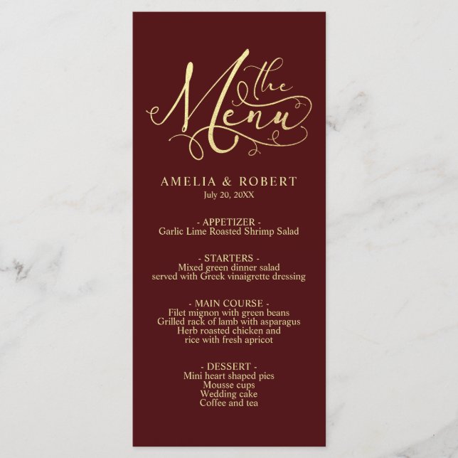 Burgundy Whimsical Elegant Gold Calligraphy Menu Menükarte (Vorderseite)