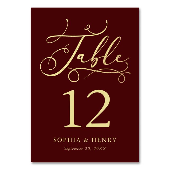 Burgundy Whimsical Gold Calligraphy Tischnummer (Vorderseite)