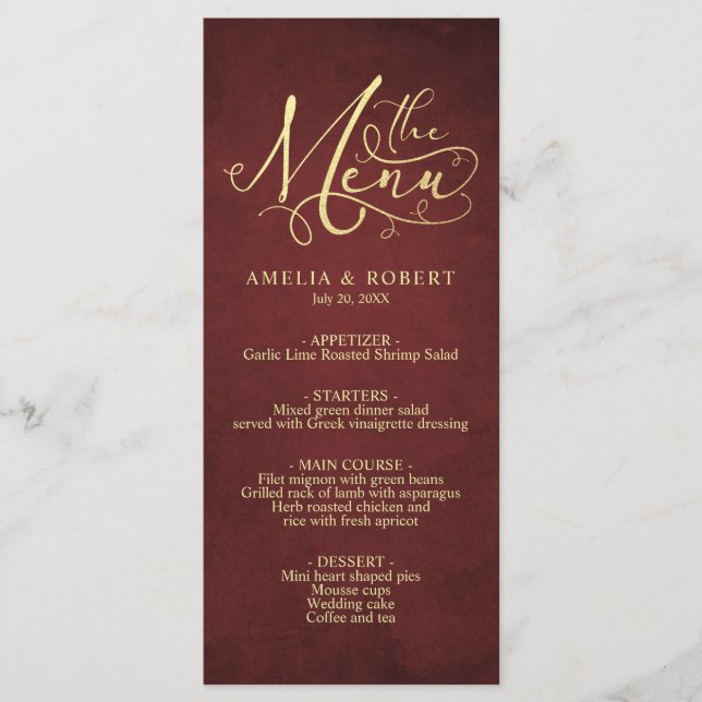 Burgundy Whimsical Perchment Gold Kalligrafie Menükarte (Vorderseite)