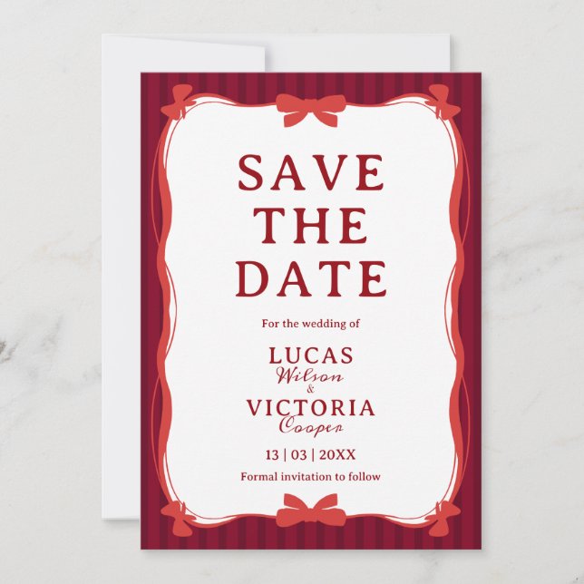 Burgundy Whimsical Red Bow Save The Date Einladung (Vorderseite)
