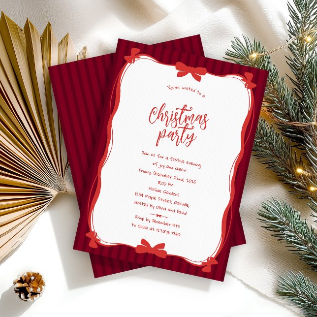 Burgundy Whimsical Red Bow Striped Christmas Party Einladung (Von Creator hochgeladen)