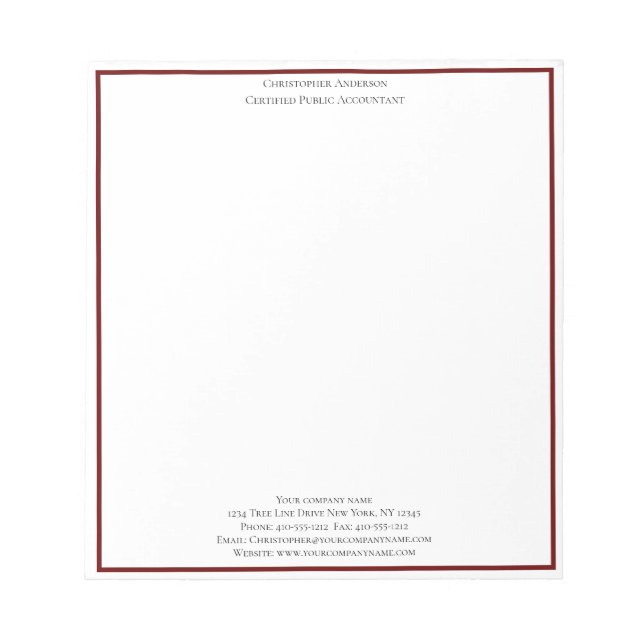 Burgundy White Beruflich Business Personalisiert Notizblock (Vorderseite)