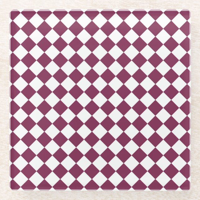 Burgundy White Checker Diamond Pattern Glasuntersetzer (Vorderseite)