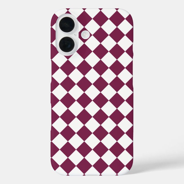 Burgundy White Checker Diamond Pattern iPhone 16 Hülle (Rückseite)