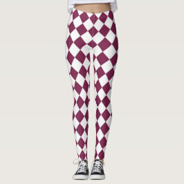 Burgundy White Checker Diamond Pattern Leggings