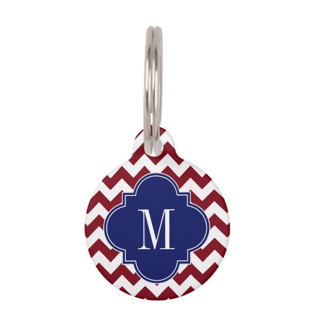 Burgundy White Chevron Navy Quatrefoil Monogram Tiernamensmarke (Vorderseite)