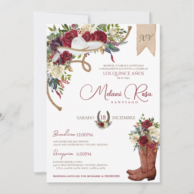 Burgundy White Elegant Charro Spanisch Quinceañera Einladung (Vorderseite)