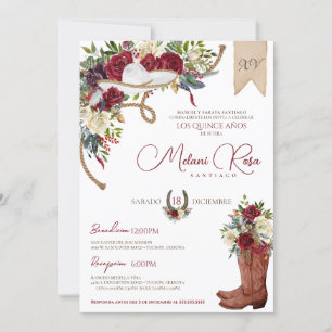 Burgundy White Elegant Charro Spanisch Quinceañera Einladung