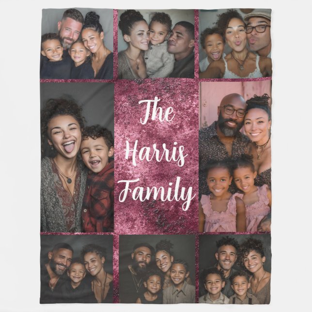 Burgundy White Family Foto Collage Fleece Blanket (Vorderseite)
