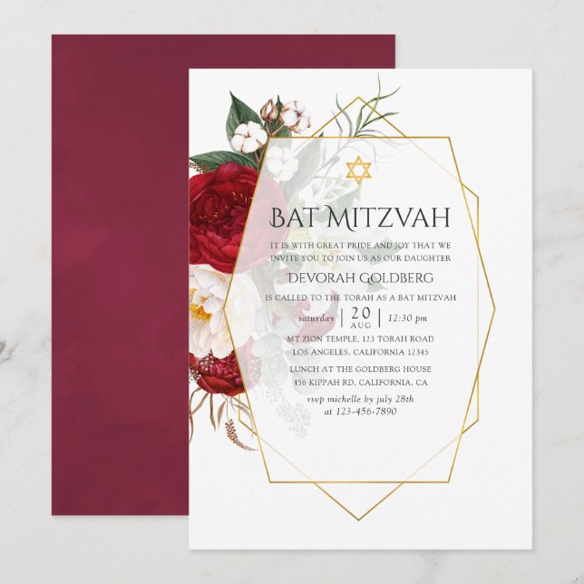 Burgundy & White Floral Geometric Bat Mitzvah Einladung (Vorne/Hinten)