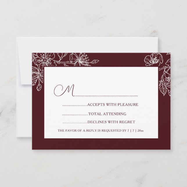 Burgundy White Floral Line Art RSVP (Vorderseite)
