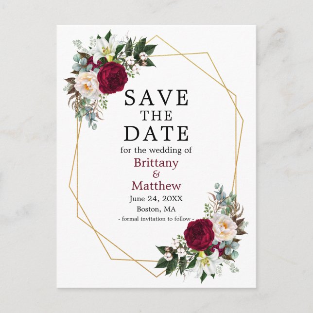Burgundy White Floral Save the Date Geo Frame Postkarte (Vorderseite)