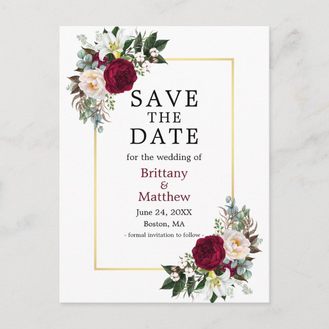Burgundy White Floral Save the Date Goldrahmen Postkarte (Vorderseite)