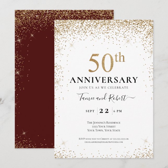 Burgundy White Gold 50th Wedding Anniversary  Einladung (Vorne/Hinten)