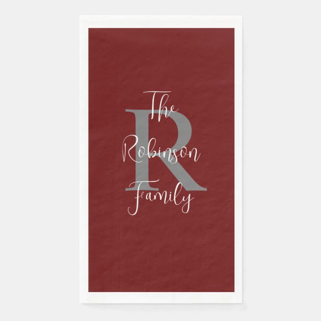 Burgundy White Name Monogram Paper Handtuch Serviette (Vorderseite)
